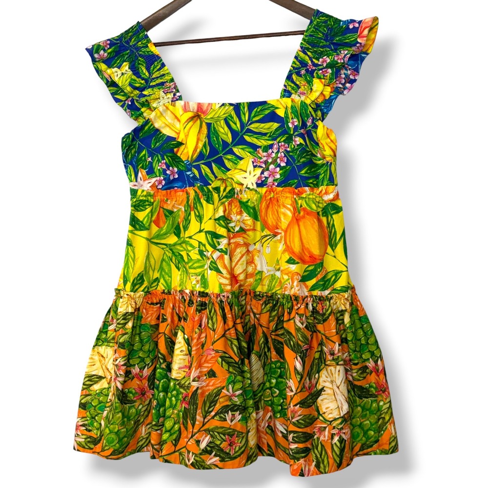 Farm Rio Mini Dress M Caipirinha Fruit Ruffle Strap Tiered Babydoll 100% Cotton